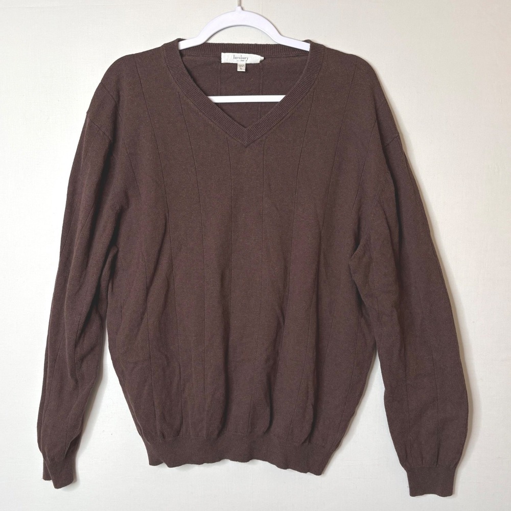 Turnbury Brown V-Neck Sweater Mens L Cotton Silk Cashmere Blend Grandpacore